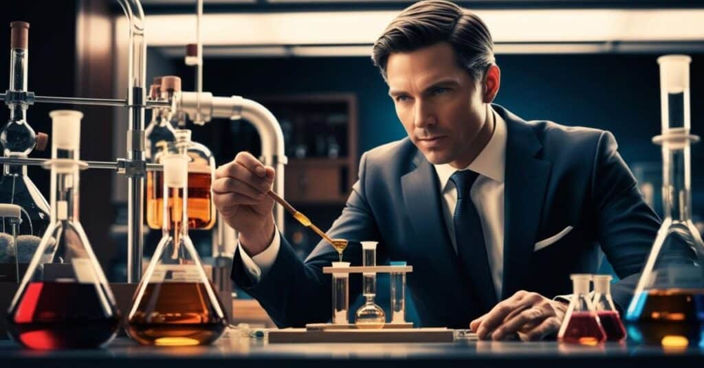 Metaphor: A businessman crafting his ideas and strategies like a chemist.