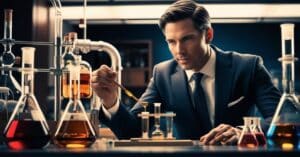 Metaphor: A businessman crafting his ideas and strategies like a chemist.