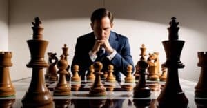 Metaphor: A businessman playing chess carefully studies his opponent’s moves, strategizing several steps ahead to outmaneuver and gain the upper hand—just like using competitor analysis to capture a market advantage.