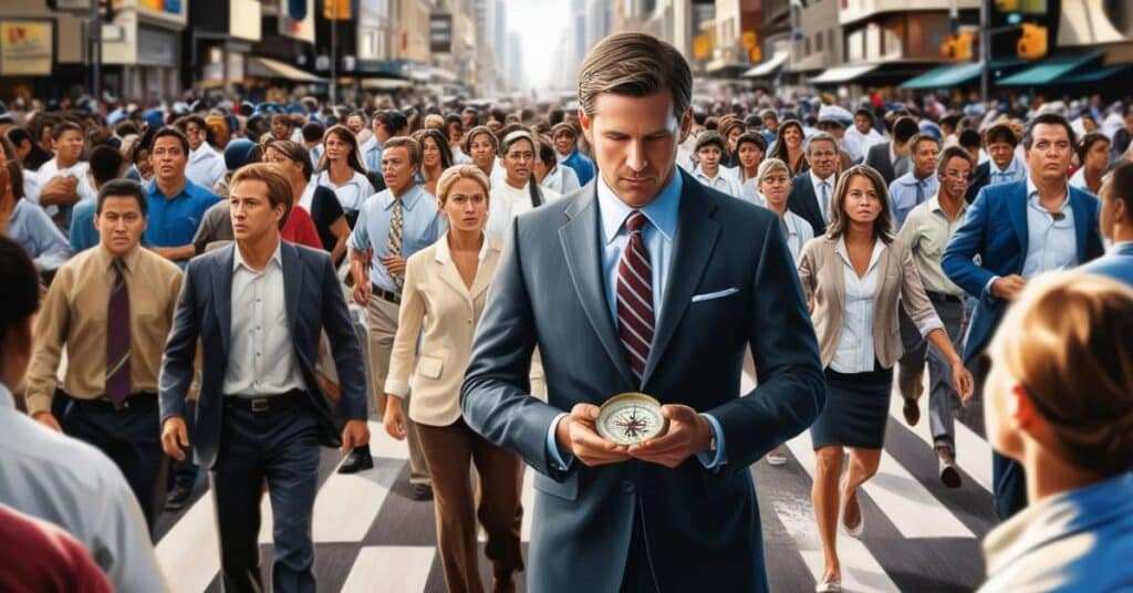 Metaphor: A businessman standing in a busy street, firmly holding a compass, symbolizes the guidance of strategic support, helping him navigate through the chaos of a competitive market to find the path to growth and success, even amidst uncertainty.