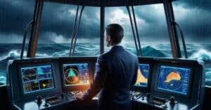 Metaphor: A businessman in the control room of a ship, steering through a fierce storm, relies on a clear strategy and steady hand to navigate the chaos, keeping the business on course toward growth and success despite uncertain waters.