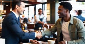 Metaphor : A businessman warmly shaking hands with a customer in a café symbolizes the power of a customer-centric approach, where genuine connections drive loyalty, adaptability, and sustained business growth.