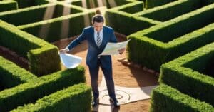 Metaphor: A businessman navigating a maze, with each wrong turn costing time and resources, finds clarity and direction with the right strategies, turning confusion into a clear path toward unstoppable growth.