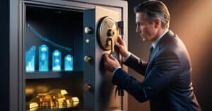 A businessman peering into an open vault filled with glowing marketing graphs and treasures, symbolizing the discovery of valuable market research insights to differentiate a brand and unlock growth opportunities.