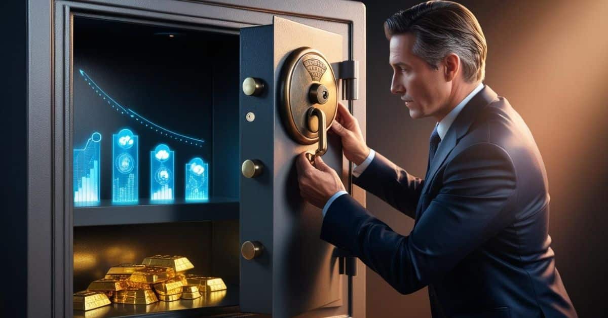 A businessman peering into an open vault filled with glowing marketing graphs and treasures, symbolizing the discovery of valuable market research insights to differentiate a brand and unlock growth opportunities.