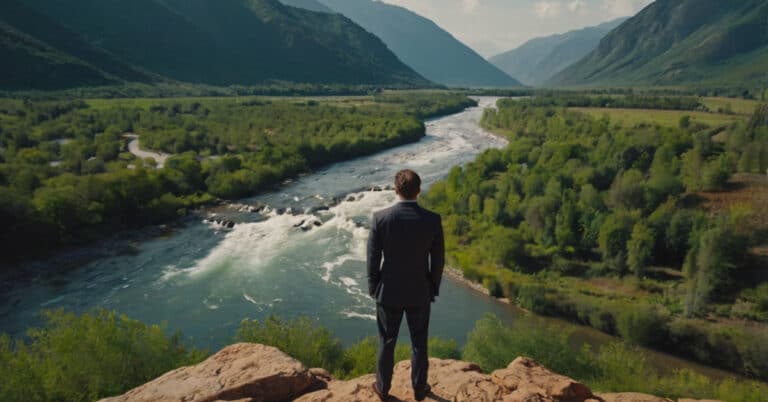 Businessman standing on the edge of a valley, symbolizing the strategic ecosystem where elements interact symbiotically to foster growth, clarity, and success.