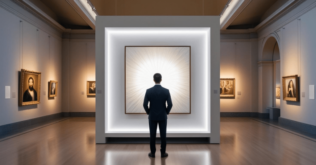 A businessman looking at a painting that stands out in an exhibit.