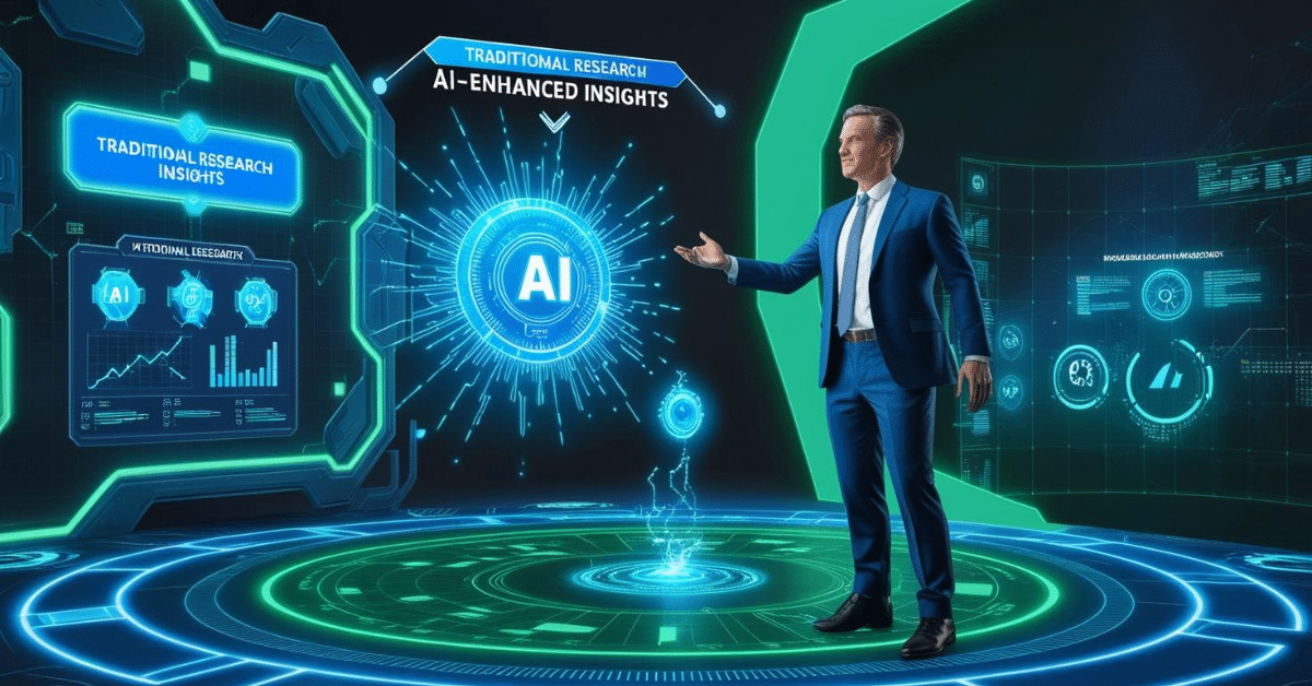 Futuristic RPG-style scene of a business professional reaching for a glowing AI power-up, surrounded by data streams and analytics, symbolizing their level-up from traditional research to AI-enhanced insights.