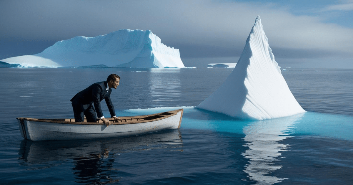 A massive iceberg with only a tiny and a business professional in a small boat nearby leans over to symbolizing effort to see What Your Customers Aren’t Telling You.