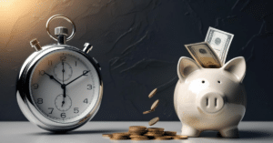 A close-up of a sleek stopwatch and a piggy bank side by side, both glowing to represent their value