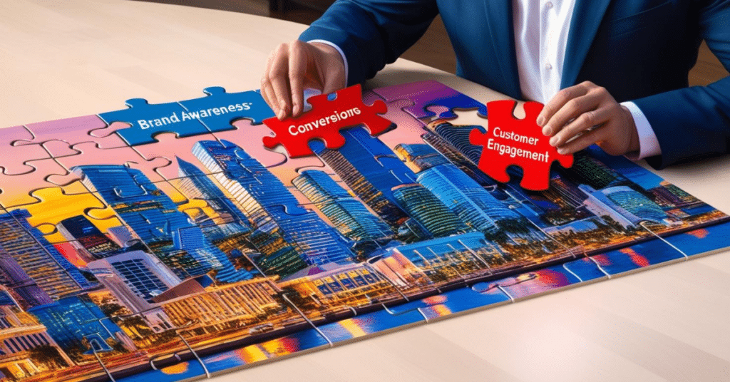 A large, nearly completed puzzle depicting a thriving business landscape. The missing pieces, labeled "Brand Awareness," "Customer Engagement," and "Conversions," are being placed by a strategist, showing how the right KPIs complete the brand success puzzle.