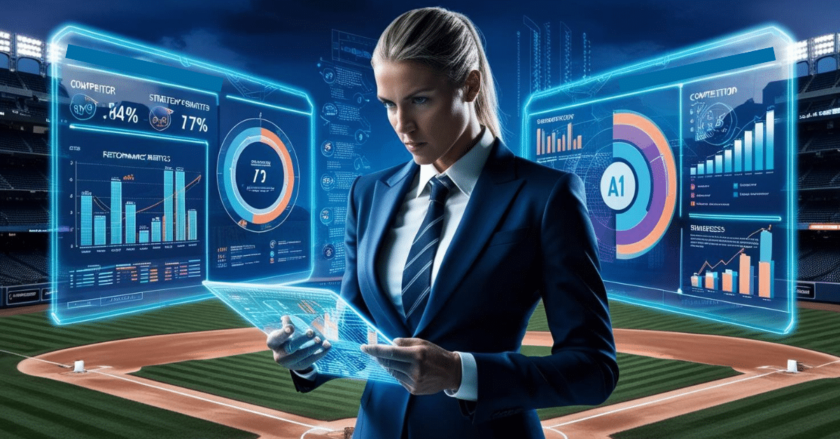 A determined athlete, analyzing performance metrics on a digital screen while wearing business suit